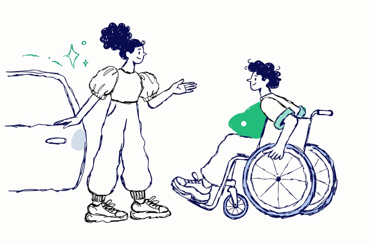 A VisioRide helper welcomes a wheelchair user at the car door